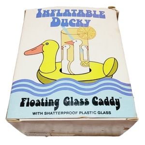 VINTAGE 1986! H. J. STOTTER Inflatable Ducky Floating Glass + Blowup Duck Caddy